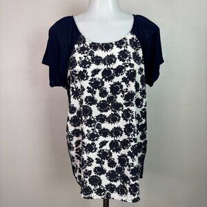J. Crew Top Small Navy Blue White Floral Mixed-Media Short Sleeve Women's